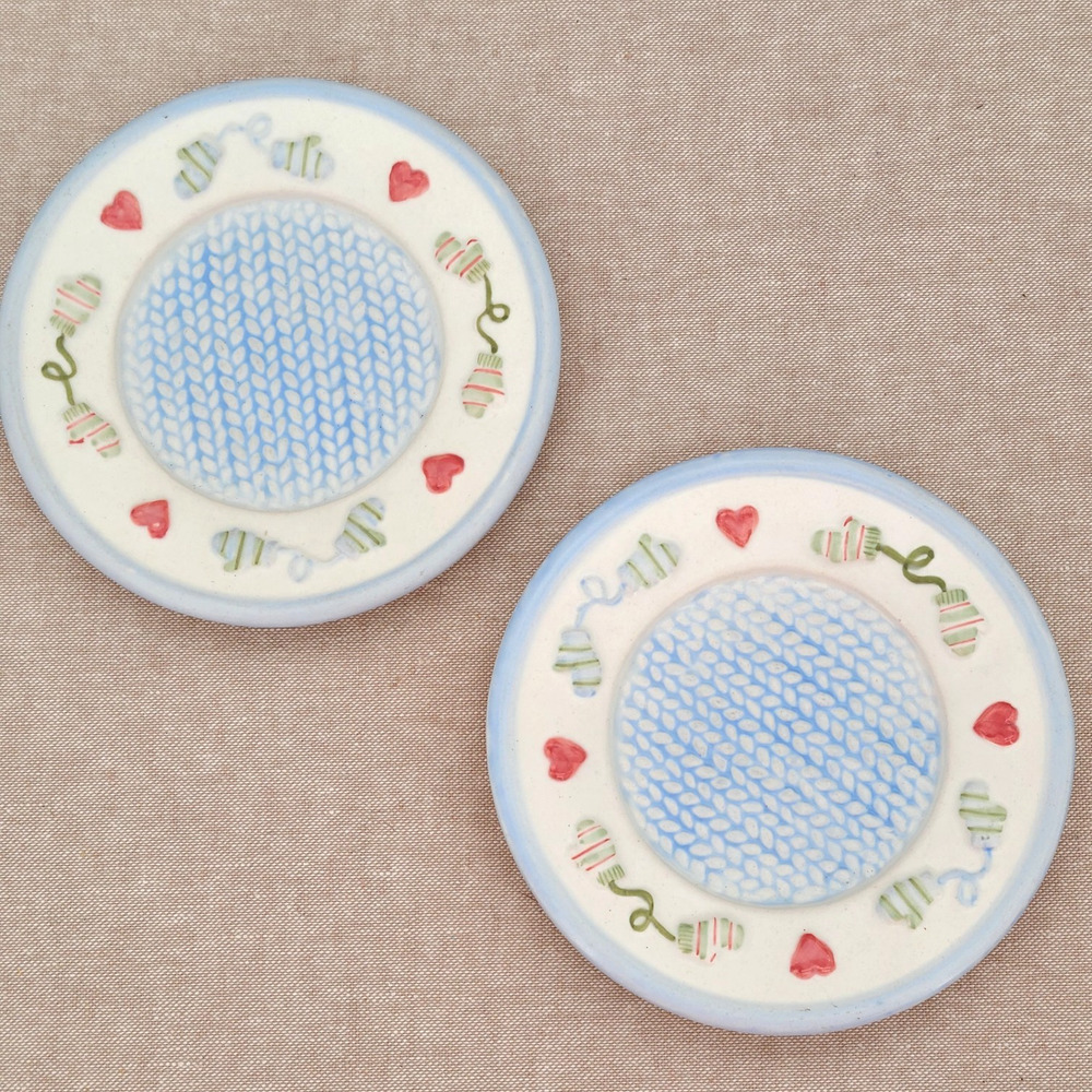 Vintage Snow Folks 4.5" Candle Plates, Blue Pink, Mittens Hearts, Set of 2